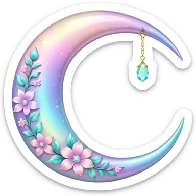 glossy Pastel iridescent floral shiny crystal crescent damask moon sticker
