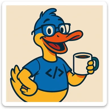 friendly developer duck made of primary colors #0090df, #fc9e19, #db8006b, drinking coffee, approachable and cheerful expression, coffee mug, optional secondary colors #111e72, #00653d, #0f4c2c, #262526, #006ab3b, #ca001e, #1f2827 for accents sticker