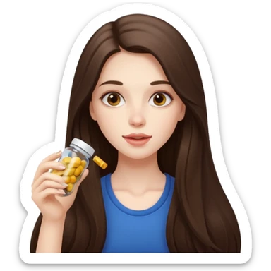 beautiful pale brunette girl with long hair eating supplements sticker