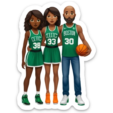 48-year-old dark skin black woman with brown eyes, long dark brown hair dressed in sexy 
celtics jersey dress outfit, wearing stilettos. A Bald White man with orange beard facial hair and has blue eyes, wearing a Jason Tatum Boston Celtics Jersey jeans & green Nike sneakers  sticker