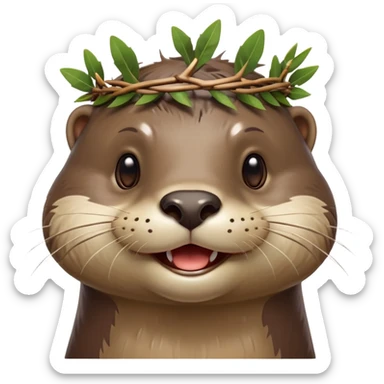 anthropomorphic smiling otter face in three-quarter profile view with simple thorny stem wrapped horizontally around its forehead like Jesus Christ's Crown of thorns, more human-like features, expressive eyes, human-like expressions, Apple emoji style, glossy finish sticker