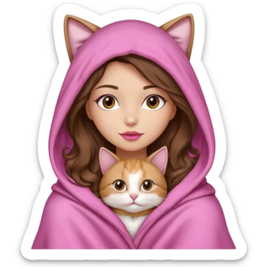 girl with long wavy brown hair, brown eyes, long lashes makeup, sexy pink lips, light to medium complexion, wearing a pink sexy silk top, big blanket over the head cozy holding a cat, no cat earn on the hood sticker