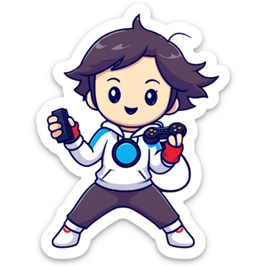 magical heroine chibi emote holding a game controller, excited gaming pose sticker