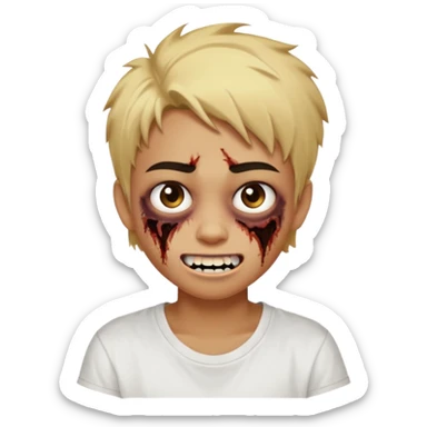 Teenager. Short buzz, messy blonde hair. Dark brown bushy eyebrows large expressive golden-brown eyes, brown skin color, scar over nose, wearing a plain white t-shirt. Crooked grin showing imperfect teeth, one side raised higher than the other, zombie-like smile . brown skin color.  sticker