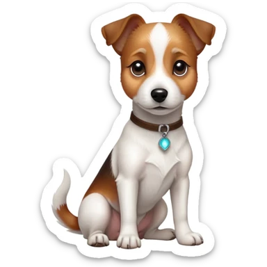 cinematic-[jack Russel terrier]-realistic-full-body-sitting-emoji,-tail-resting-loosely-beside-its-paws,-head-tilted-dramatically, -sleek-[brown and white]-fur,-simplified-yet-realistic-focused-features,-highly-detailed,-glowing-with-an-almost-sarcastic-glow sticker