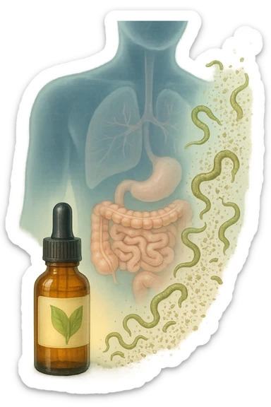 A realistic, high-quality medical illustration showing microscopic parasites leaving the human intestines, symbolically dissolving and breaking apart, after the intake of natural kinesiological drops. The drops are shown in a small amber glass dropper bottle in the foreground with a green leaf on the label, emitting a subtle glow symbolizing detox and cleansing. The background depicts a semi-transparent human silhouette with a highlighted digestive tract, showing clean, healthy intestines, while parasites in translucent fading colors are moving out, symbolizing elimination. The atmosphere is clean, fresh, and conveys a sense of natural healing, detoxification, and hope. sticker