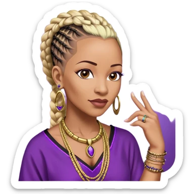 African american 57yr old , dark brown  woman who is 5ft 6in with a blonde and black mohawk of individual braids, with low shaved side haircut,
wearing a purple,  dashiki, with an gold  necklace of Draya inscribed,  wearing big gold bamboo earrings in ears with the name engraved of Draya sticker
