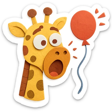giraffe popping balloon in surprise expression, paper-craft style sticker