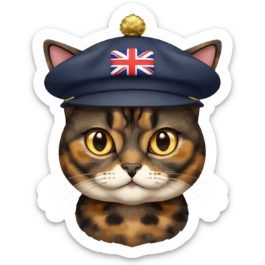 mostly black tortie cat, gold eyes, british hat sticker