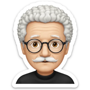 An elderly man emoji fluffy curly white hair, brown eyes behind black-framed glasses, a narrow pointed face, and a thin straight white mustache above his mouth. sticker
