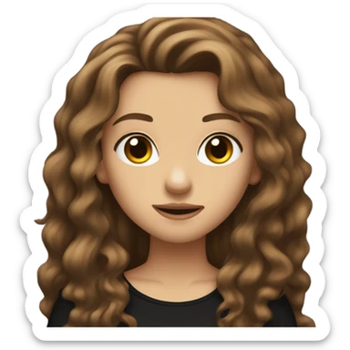 A pretty girl with long, wavy brown hair, black clothes, brown eyes, metalhead sticker