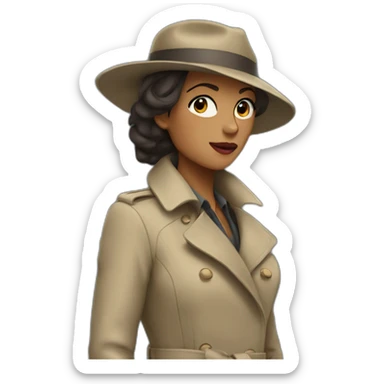 Woman in trench coat swallows sticker