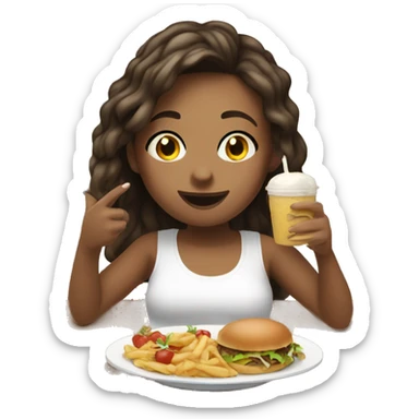 girl in white T-shirt enjoying food and drink. She is white girl. sticker