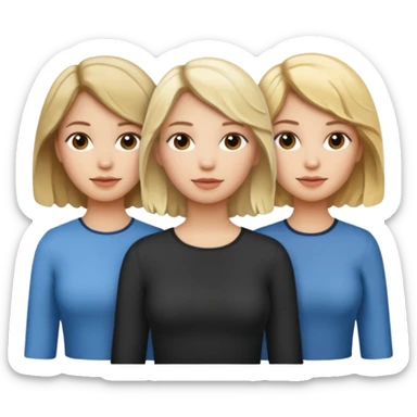 three women dressed ip: one blond with wavy short hair, one blond with straight middle hair an done dark blond with middle hair sticker