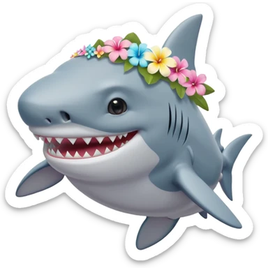 A cute chubby shark with hawaii pastel flower necklace and hawaiian flower crown, posing proudly. sticker