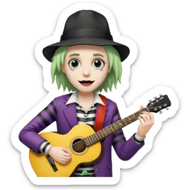 A beetlejuice with a guitar and a cap sticker