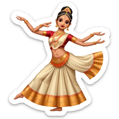 Cinematic Realistic Bharatanatyam Dance Emoji, depicted as an elegant classical Indian dance performance with graceful poses, intricate costumes, and expressive hand gestures, rendered with rich textures and warm dramatic lighting that captures its timeless beauty. sticker