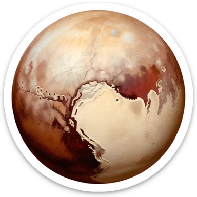 Pluto as a planet emoji, apple emoji style, mix of reddish-brown, white, and gray hues, large bright icy region like Sputnik Planitia, contrasting darker red-toned areas rich in tholins, simple and round, no text sticker