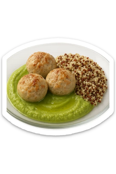 polpette di tacchino, purè di zucchine, quinoa e olio di oliva, iperrealistico 4k sticker