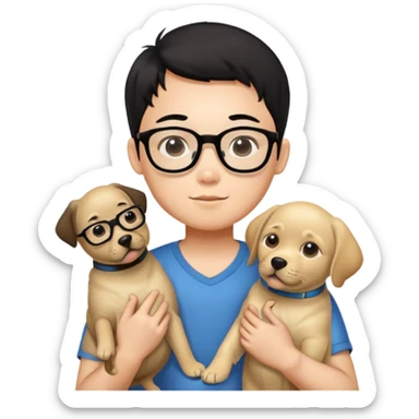 A Chinese black haired boy with black glasses holding a Labrador Retriever sticker