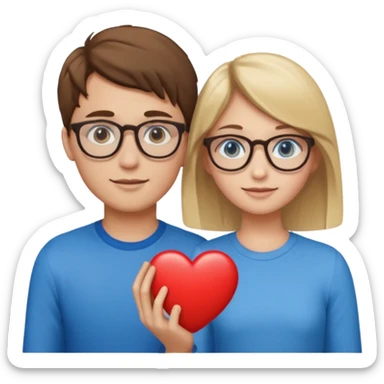 two young lovers, a heart between them, boy with brown hair and glasses, girl blonde with blue eyes, emoji style sticker