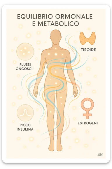 Il corpo è circondato da simboli delicati e bilanciati che rappresentano equilibrio ormonale e metabolico: piccoli cerchi, flussi energetici colorati, simboli stilizzati di tiroide, picco insulina, estrogeni. 4k immagine in italiano sticker
