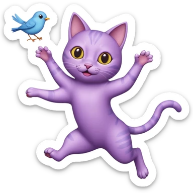 funny purple cat jumping after a fly more thin cat, more stylised cat less realistic add pick bird  sticker