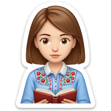 A Ukrainian girl with brown hair in an embroidered shirt reads a book sticker