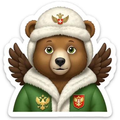 Sweet brown bear with friendly expression and green eyes, white fur ushanka with prominent and detailed Russian Federation double-headed eagle coat of arms, iOS emoji style sticker