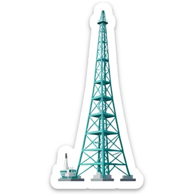 Oil derrick tower in cool tones with sky blue, teal green, white, and light gray sticker