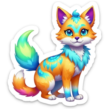 Vibrant multicolored neon-colored Falvie-Fionbri-creature-sparkle-feline-canine-hybrid-fursona, full body, fur pattern-markings sticker