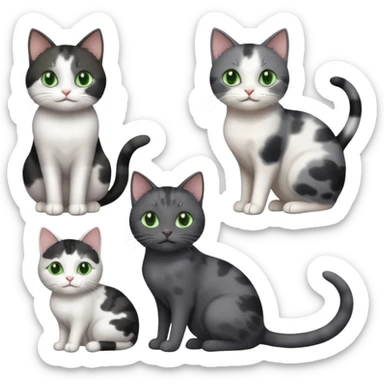 3 different coloured small cats including a dark grey and white, and a patchy calico and a completely solid dark grey with green eyes and only white paws sticker