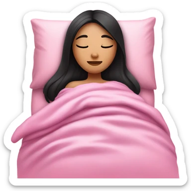 a girl with straight black hair, in the bed sleeping with pink blankets  sticker