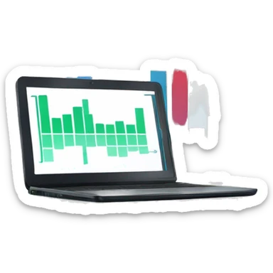 A laptop with a bar chart and an upward trend sticker