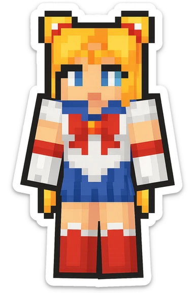 Extract the Sailor Moon character (far right, blonde hair, blue and red outfit) from the image as a separate image with a transparent background. Keep the original style and quality intact. sticker