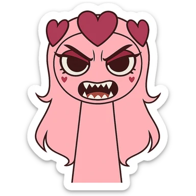 Change the pink character with heart hair to a scary expression, featuring sharp teeth, angry eyes, and a menacing look. Keep the transparent background. sticker
