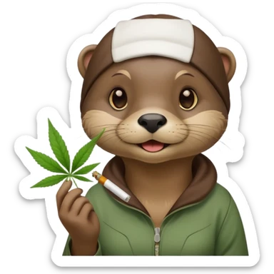 Cute female Otter smoking a joint and holding cannabis leafs sticker