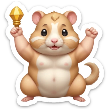 Cute chubby cartoon-style hamster flexing tiny arms like a bodybuilder, sparkles around it, triumphant expression. Painterly shading, white background, sticker-style illustration. sticker