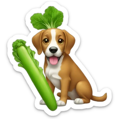 a dog eating a giant green carrot sticker