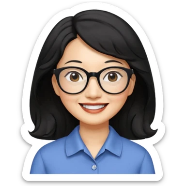 60 yr old asian woman, wavy thick black hair past shoulder length, side part, side swept bang, big smile, collared shirt, long hair, glasses sticker