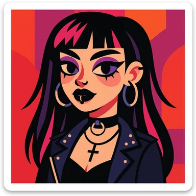 gothic girl, modern goth fashion, black lipstick, piercings, choker, vibrant toon style sticker