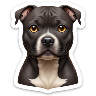 Cinematic Noble Black/Brindle Staffordshire Bull Terrier Portrait Emoji, Poised and regal, with a compact, muscular build and a sleek, well-groomed Fur featuring a striking mix of black and brindle patterns, deep-set soulful dark eyes, Simplified yet sharp and sophisticated features, highly detailed, glowing with a soft, dignified glow, high shine, intelligent and loyal, stylized with an air of strength, focused and attentive, soft glowing outline, capturing the essence of a watchful and confident guardian, so majestic it feels as though it could stride out of the screen with effortless authority! sticker