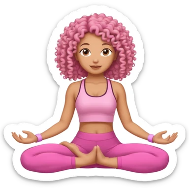 Uma mulher de cabelo cacheado, usando roupa de yoga rosa, em uma posição de yoga bonitinha sticker
