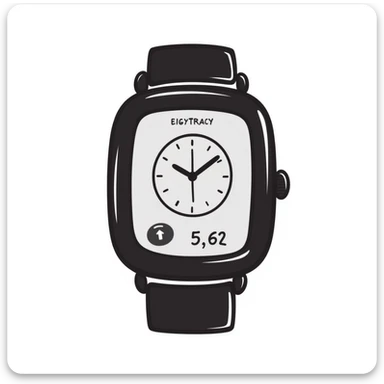 A fitness smartwatch with health tracking display in pastel colors (dd9fb0, ffc6d3, a3bfc9, c4bee2, f1b091), hand-drawn doodle style sticker