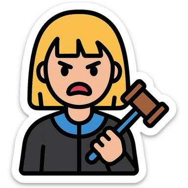 angry judge with blonde shoulder-length hair and bangs sticker
