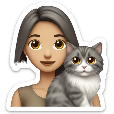 Dark brown straight hair girl holding fluffy Siberian gray cat  sticker