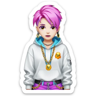  ghost-portrait-of-in-kpop-style,-wearing-flashy-streetwear-outfit,-colorful-dyed-hair,-confident-pose,-accessorized-with-chains- sticker