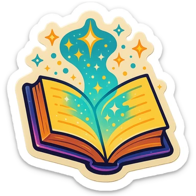 A magical book with energy and sparkles emanating from it, with bold outlines, expressive shadows, and highlights, playful and detailed retro sticker look sticker