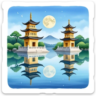 Three Pools Mirroring the Moon, West Lake Hangzhou, simplified emoji style, three small pagodas on water with moon reflection, cute cartoon style sticker