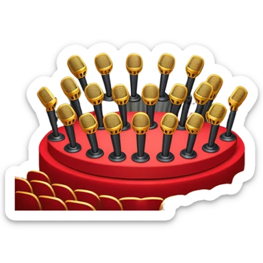 Create a vibrant and dynamic emoji that represents choral vocal performance. The design should feature 10 vintage stage microphones arranged in a semi-circle on a concert stage, symbolizing a vocal group or choir. Add musical notes flowing around the microphones to represent harmony and unity in the performance. Include concert lighting and a celebratory atmosphere to convey the excitement of live music. Use bright, bold colors like red, gold, and silver to emphasize the energy and glamour of the stage. The background should be transparent. sticker